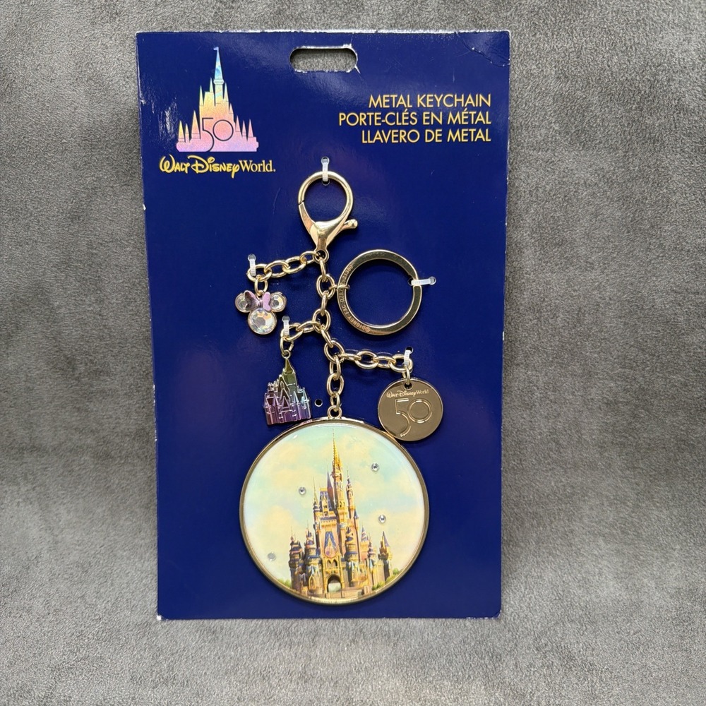 Disney World Parks 50th Anniversary Castle Minnie Mouse Charms Metal Keychain